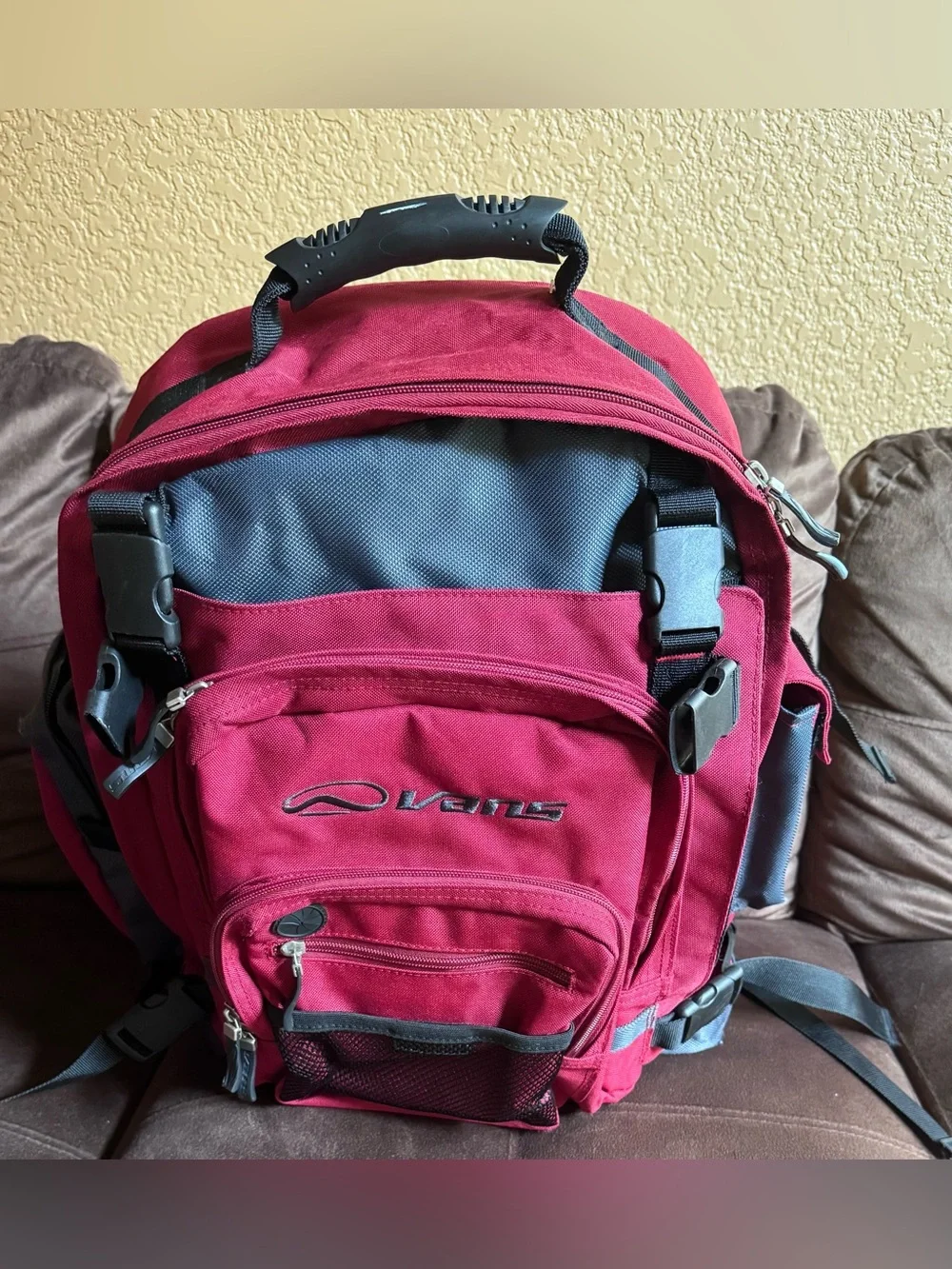 Vintage Vans Men's Red and Blue Multi-Pocket Backpack